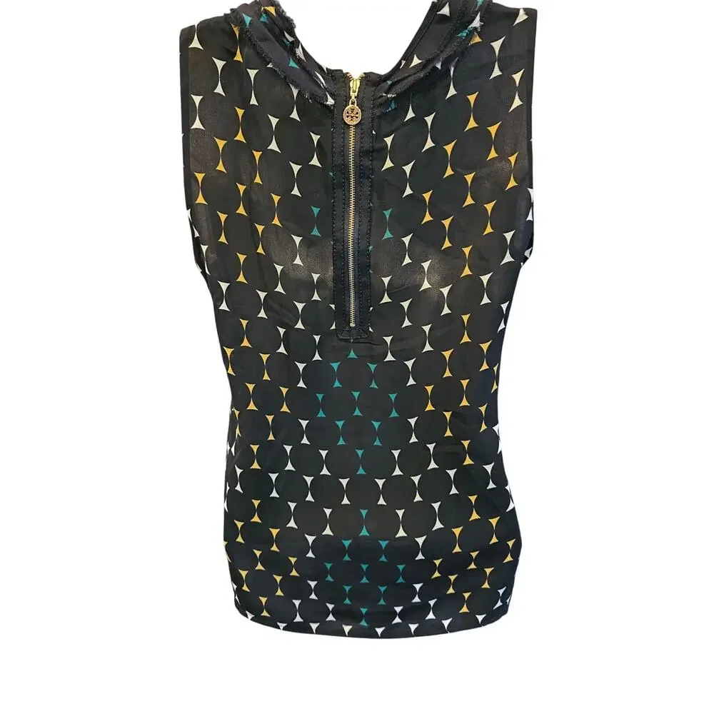 Tory burch 100% silk sz 4 black multicolor polkadot frill ruffle career EUC top